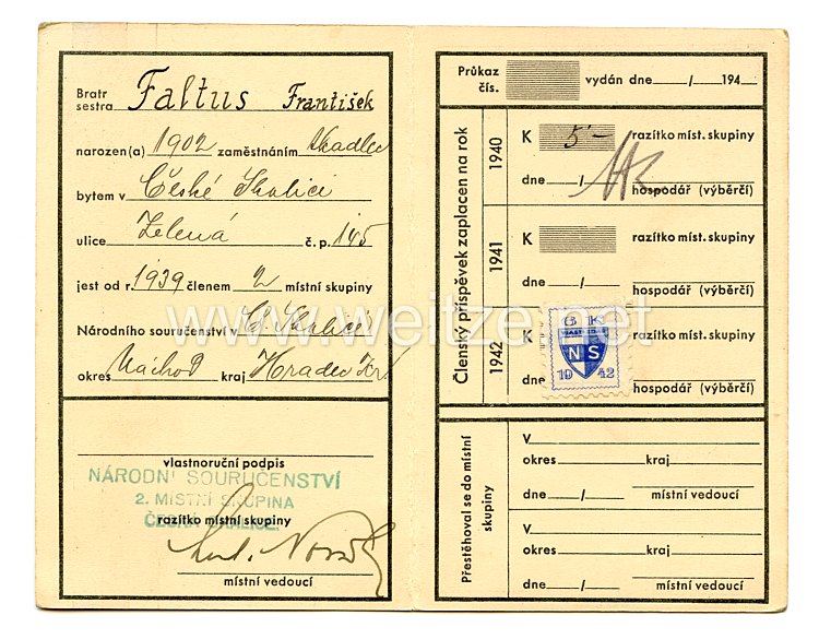 III. Reich - Tschecheslowakei - Narodni Sourucenstvi ( NS ) - Mitgliedsausweis für einen Mann des Jahrgangs 1902 Bild 2