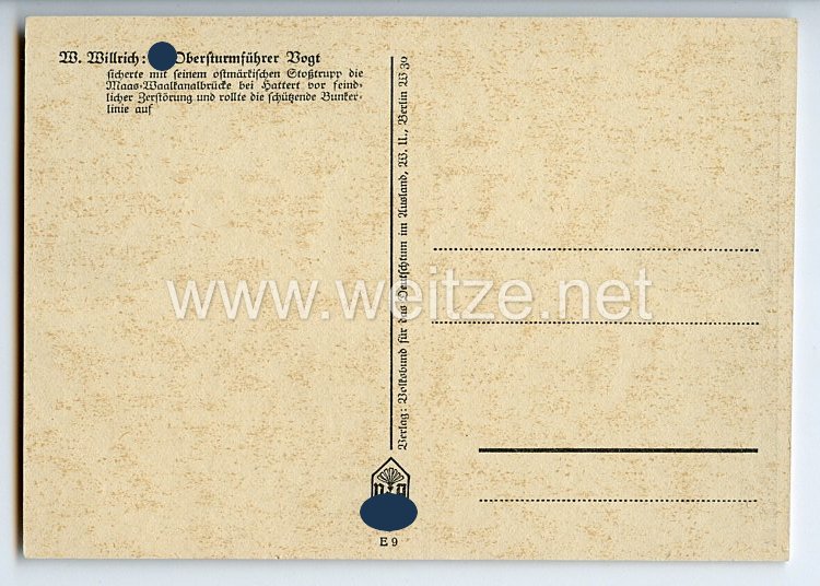 Waffen-SS - Willrich Propaganda-Postkarte - Ritterkreuzträger SS-Obersturmführer Fritz Vogt Bild 2
