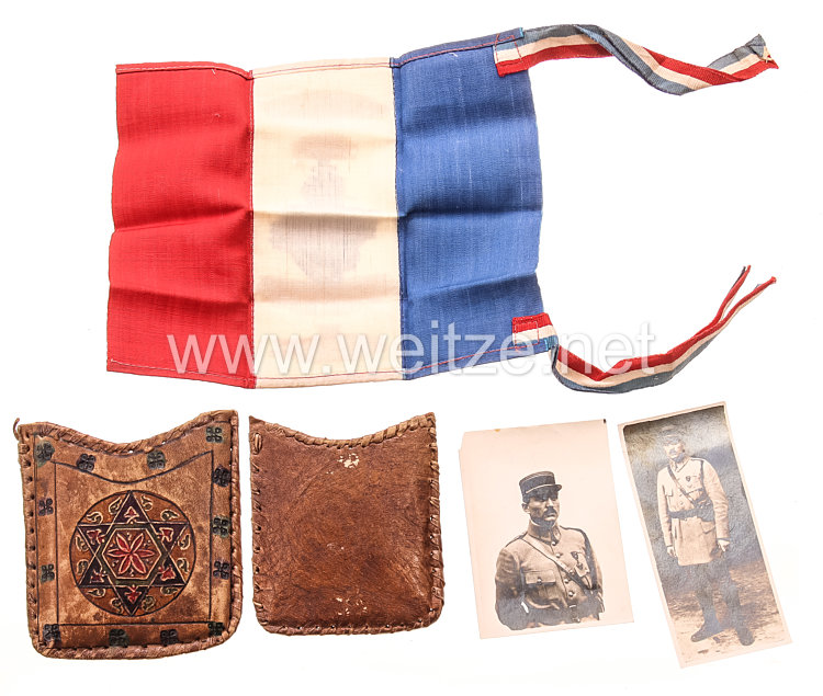 Frankreich 1. Weltkrieg Geldbörse, kleine patriotische Fahne und zwei Fotos aus dem Nachlass von 