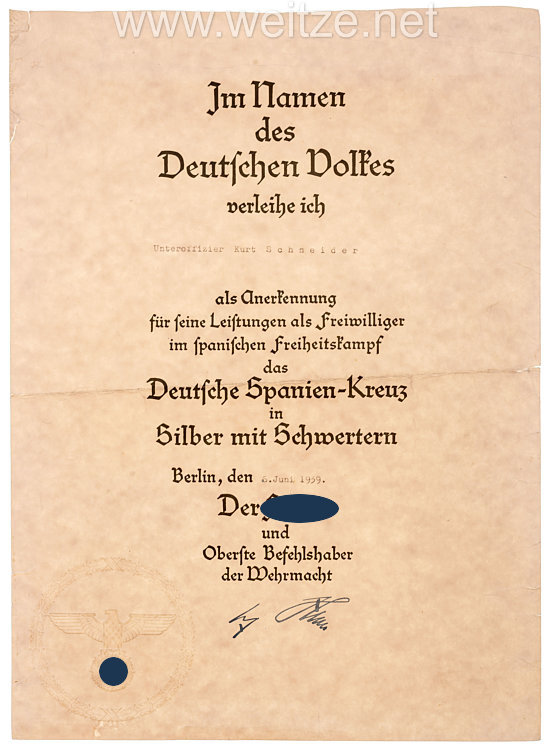 Heer - Urkunden- und Fotogruppe für einen Unteroffizier mit verliehenem Panzertruppenabzeichen der Legion Condor in Silber Bild 2