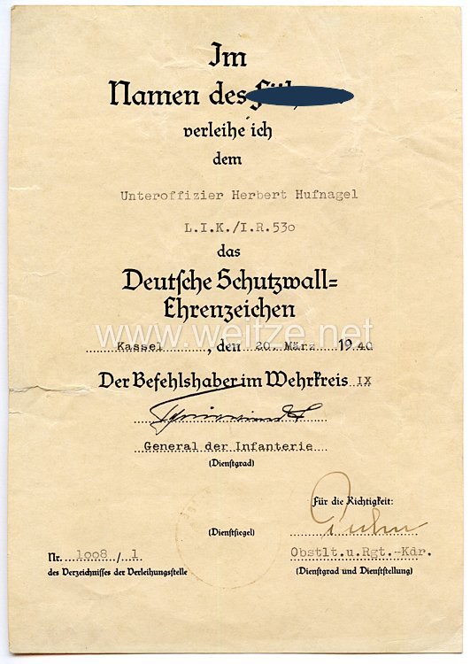 Wehrmacht Heer - Urkundengruppe für einen späteren Oberfeldwebel der 10./Gren.-Rgt.530 Bild 2