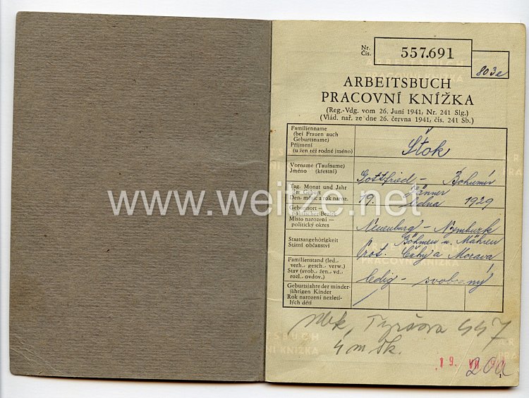 III. Reich - Protektorat Böhmen und Mähren - Arbeitsbuch für einen Jungen des Jahrgangs 1929 Bild 2