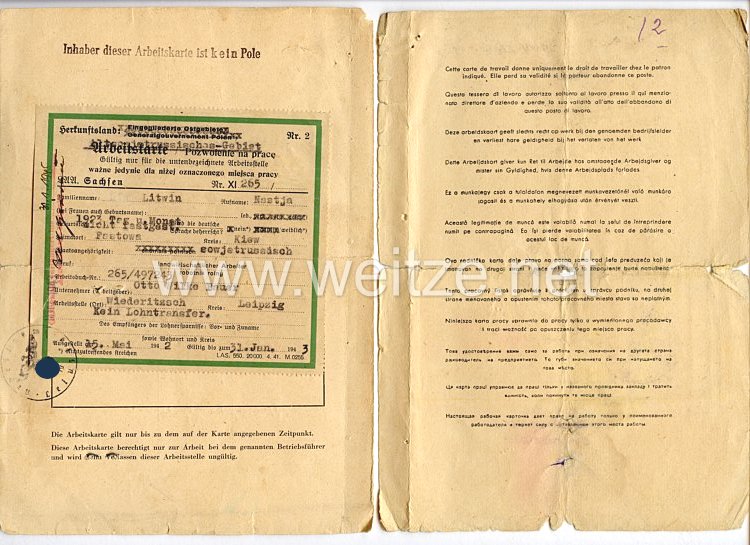 III. Reich - Arbeitskarte für ausländische Arbeitskräfte aus den besetzten russischen Gebieten Bild 2