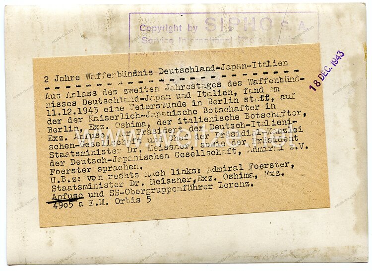 III. Reich Pressefoto: 2 Jahre Waffenbündnis Deutschland-Japan-Italien 18.3.1943 Bild 2