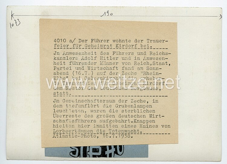 III. Reich Pressefoto: Der Führer wohnte der Trauerfeier für Geheimrat Kirdorf bei 16.7.1938 Bild 2