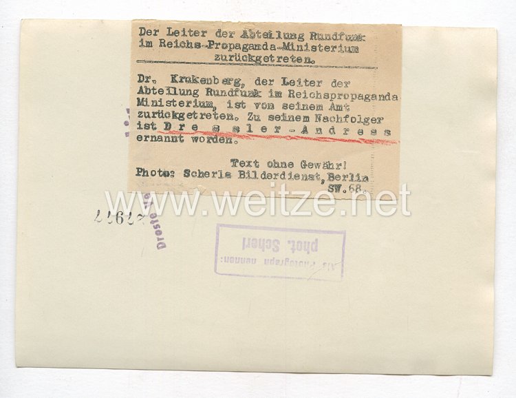 3. Reich Pressefoto: Der Leiter des Rundfunks Dr. Krakenberg ist zurückgetreten, Nachfolger ist Andreas Dressler  Bild 2