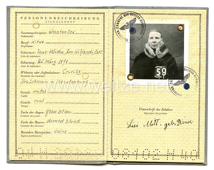 III. Reich - Fremdenpass für eine Frau des Jahrgangs 1870 aus Estland Bild 2