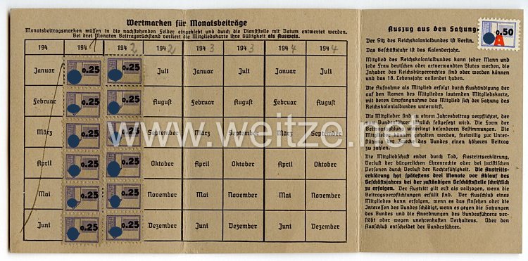 Reichskolonialbund - Gauverband Süd-Hannover-Braunschweig Ortsverband Nienburg/Weser - Mitgliedskarte Bild 2
