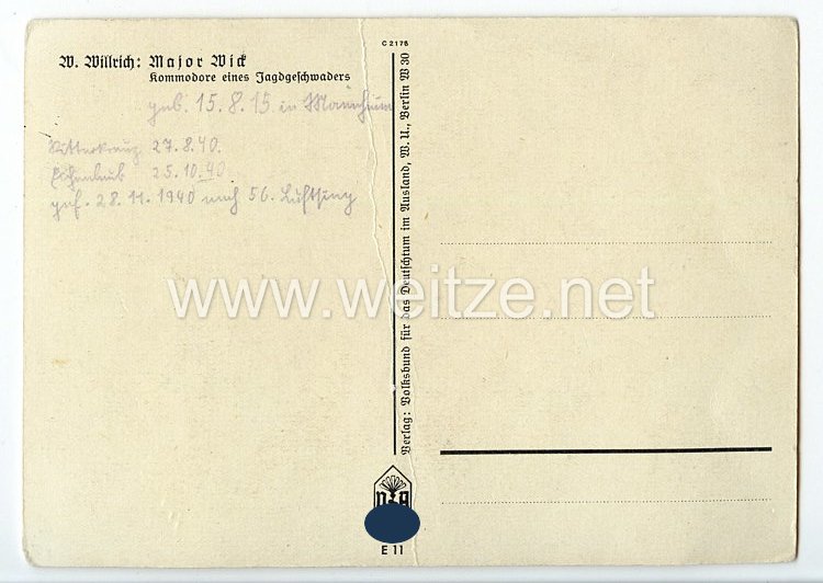 Luftwaffe - Willrich farbige Propaganda-Postkarte - Ritterkreuzträger Major Helmut Wick Bild 2