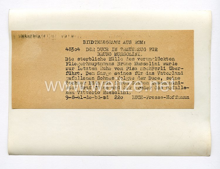 III. Reich Pressefoto. Der Duce im Trauerzug für Bruno Mussolini. 9.8.1941. Bild 2