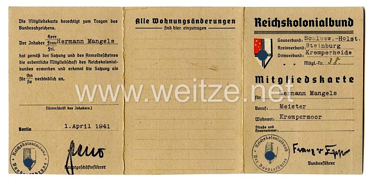 Reichskolonialbund - Gauverband Schleswig - Holstein Mitgliedskarte Bild 2
