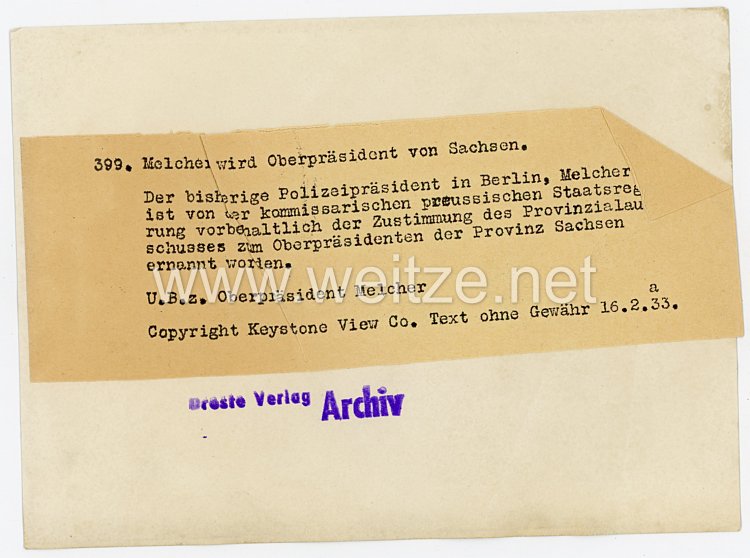 Weimarer Republik Pressefoto, Melcher wird Oberpräsident von Sachsen 16.2.1933 Bild 2