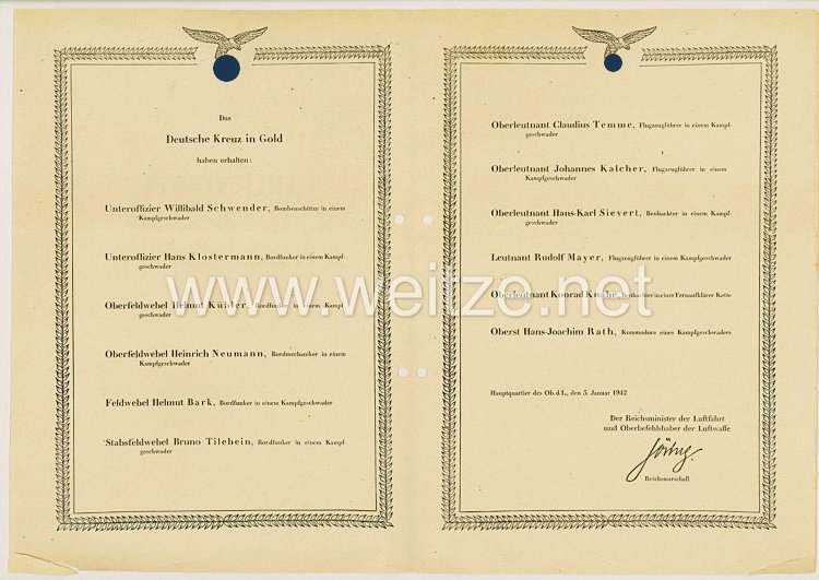 Ehrenliste der Deutschen Luftwaffe - Ausgabe vom 05. Januar 1942 Verleihungen DK in Gold Bild 2