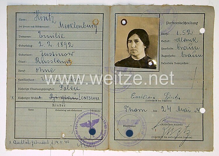 III. Reich - Rückkehrerausweis für eine Frau des Jahrgangs 1892 Bild 2
