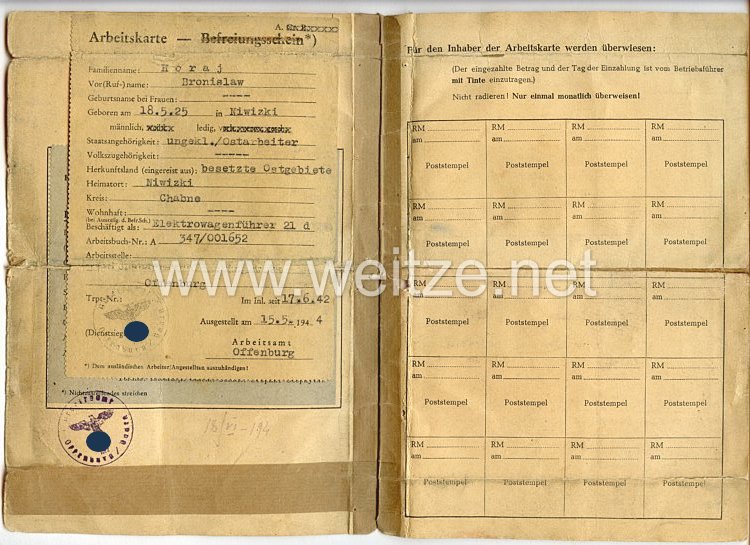 III. Reich - Arbeitskarte für Arbeitskräfte aus dem alt-sowjet-russischen Gebiet Bild 2