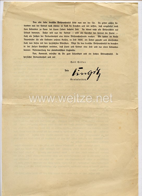 III. Reich - Rundschreiben vom Kreisleiter in Neumünster zur Kriegsweihnacht 1940 Bild 2