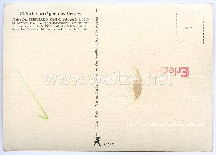 Heer - Originalunterschrift von Ritterkreuzträger Major Dr. Eberhard Zahn Bild 2