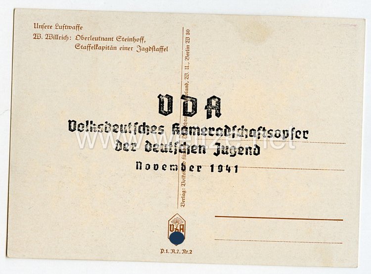 Luftwaffe - Willrich farbige Propaganda-Postkarte - Ritterkreuzträger Oberleutnant Steinhoff Bild 2