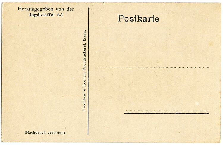 Fliegerei 1. Weltkrieg farbige Postkarte, herausgegeben von der Jagdstaffel 63 