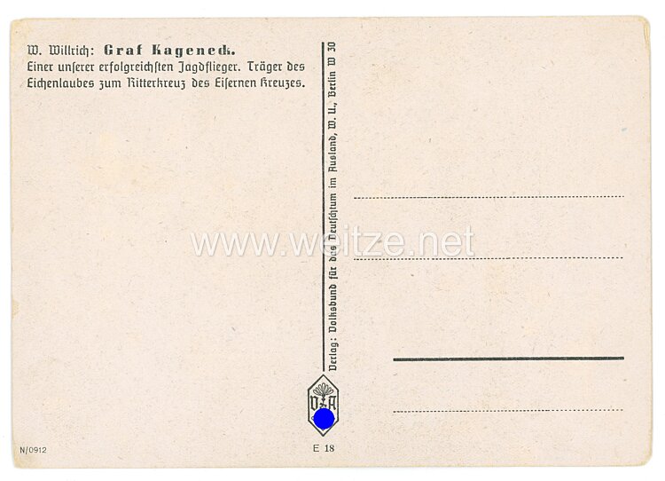 Luftwaffe - Willrich farbige Propaganda-Postkarte - Ritterkreuzträger Graf Kageneck Bild 2