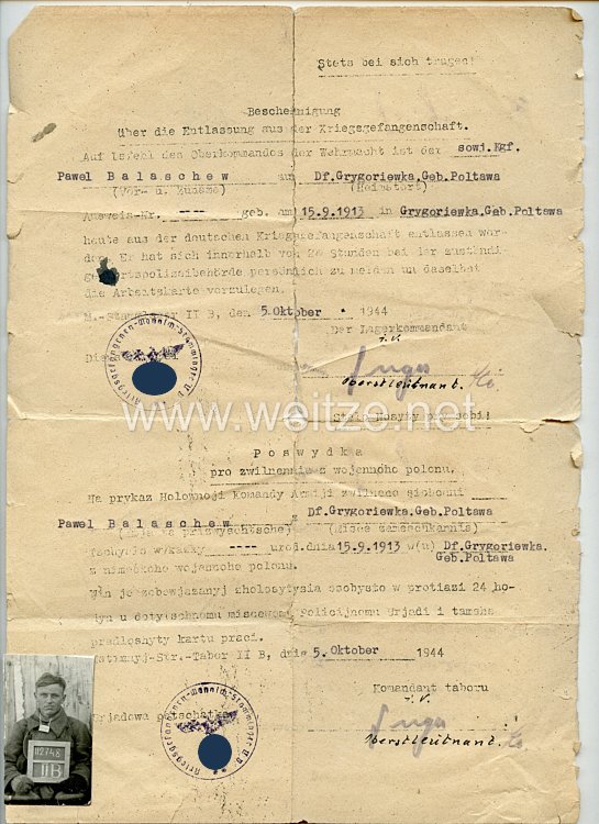 III. Reich - Dokumentenpaar für einen aus der deutschen Kriegsgefangenschaft entlassenen Sowjetrussen, der sich danach im Sondereinsatz 