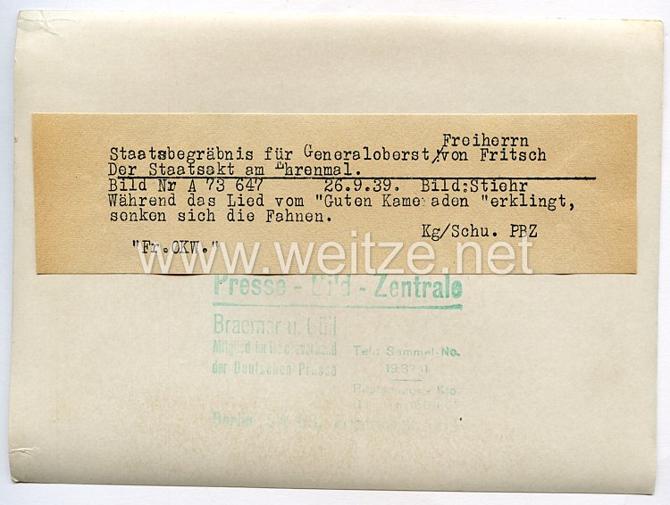 Wehrmacht Pressefoto: Staatsbegräbnis für Generaloberst Freiherrn v. Fritsch 26.9.1939 Bild 2