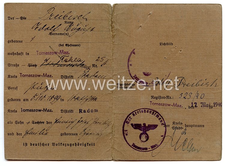 III. Reich - Der Generalgouverneur für die besetzten polnischen Gebiete - Kennkarte für deutsche Volkszugehörigkeit Bild 2