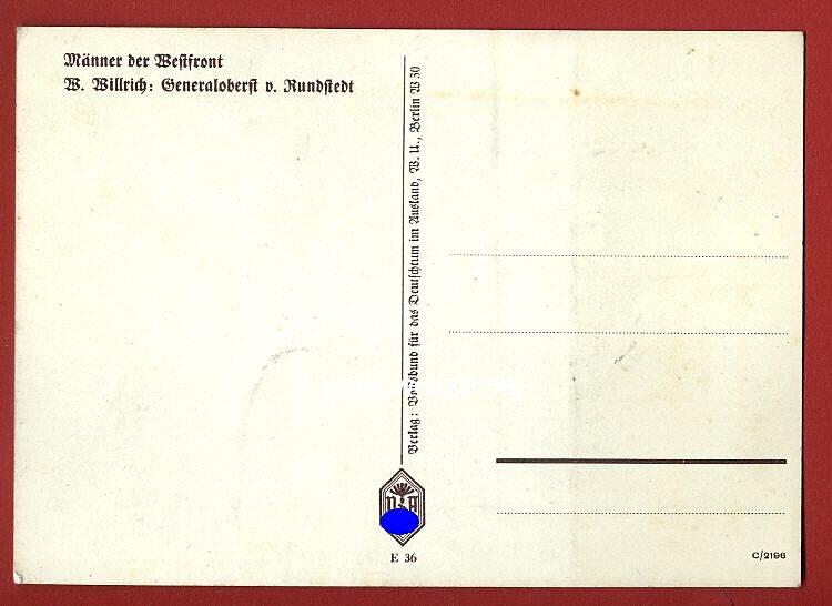 Heer - Willrich farbige Propaganda-Postkarte - Ritterkreuzträger Generaloberst Gerd v. Rundstedt Bild 2
