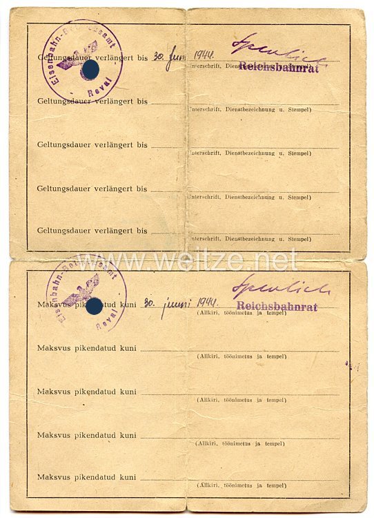 III. Reich / Estland - Eisenbahn-Betriebsdirektion Reval - Ausweis für einen Mann des Jahrgangs 1919 in der Deutschen Reichsbahn Bild 2