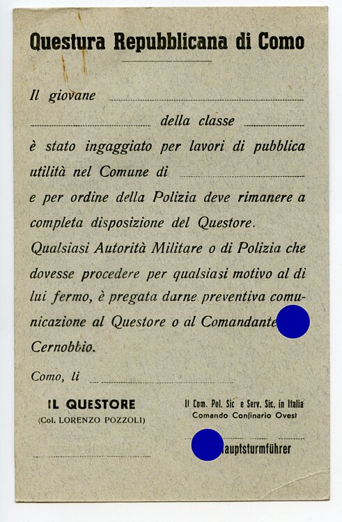 Republikanische Quästur Como ( Italien ) - Bescheinigung Bild 2