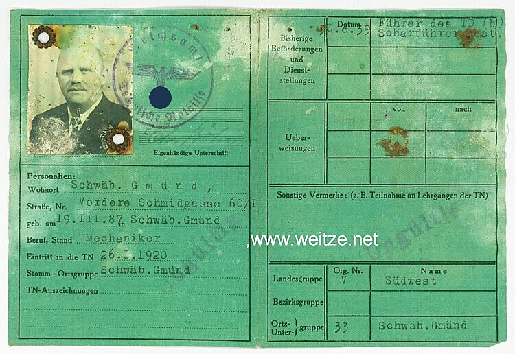 Technische Nothilfe ( TeNo ) - Führer-Ausweis ( Reichsamt ) Bild 2