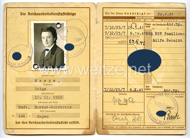 Reichsarbeitsdienst ( RAD ) - Reichsarbeitsdienstpaß für die weibliche Jugend Bild 2