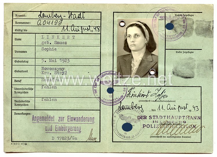 III. Reich / Der Stadthauptmann in Lemberg - Vorläufige Kennkarte für eine Frau des Jahrgangs 1923 aus Polen Bild 2