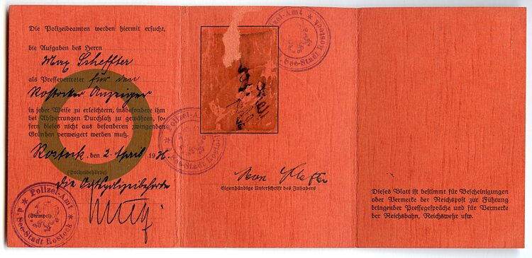 III. Reich - Presseausweis 1936 eines Pressevertreters für den 