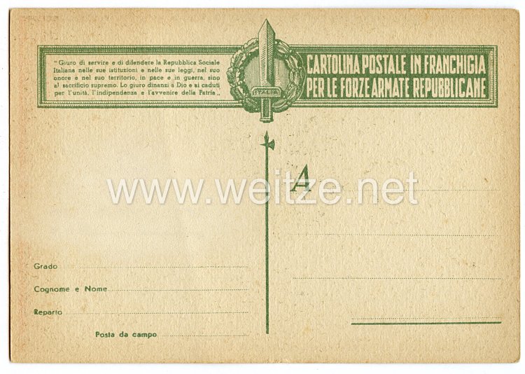 Italien RSI 2. Weltkrieg - farbige Propaganda-Postkarte der Fallschirmjäger 