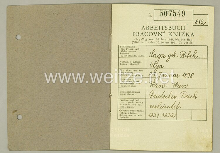 III. Reich - Protektorat Böhmen und Mähren - Arbeitsbuch für eine Frau des Jahrgangs 1898 aus Wien Bild 2