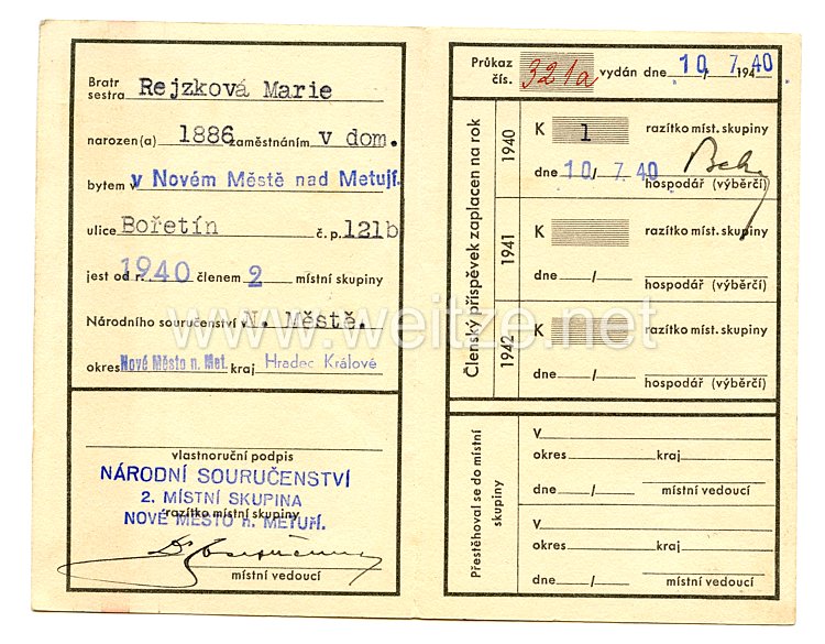 III. Reich - Tschecheslowakei - Narodni Sourucenstvi ( NS ) - Mitgliedsausweis für eine Frau des Jahrgangs 1886 Bild 2